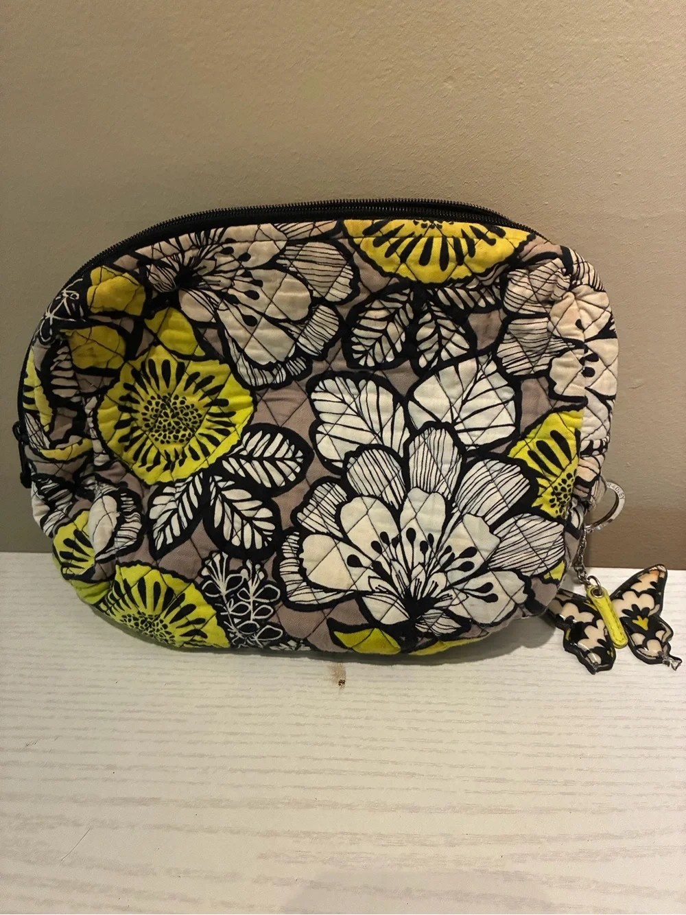 Vera Bradley Yellow White Black Floral Quilted Cosmetic Bag